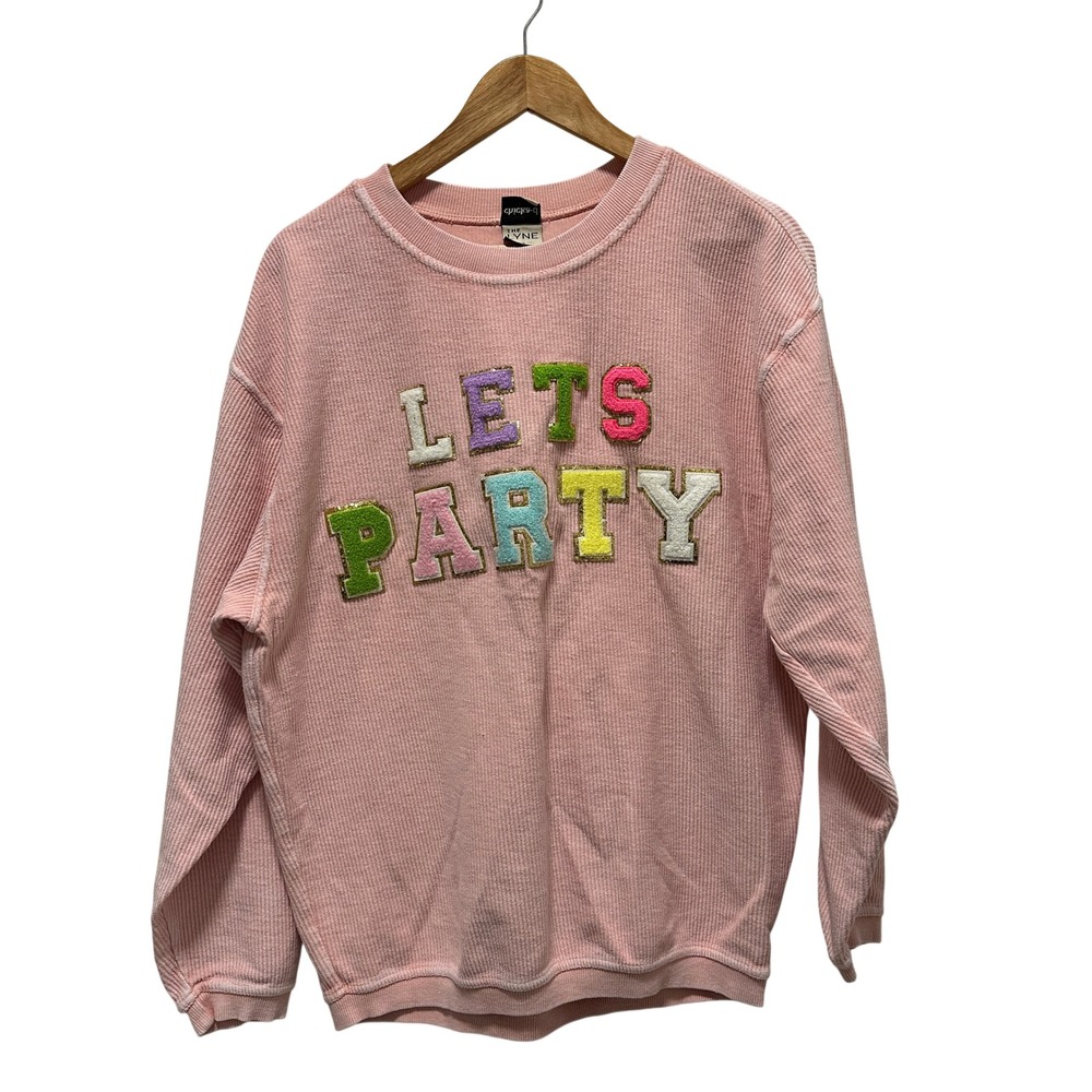 Chicka-d The Lyne Sweatshirt Women S Pink Lets Party Ribbed Chenille Patch
